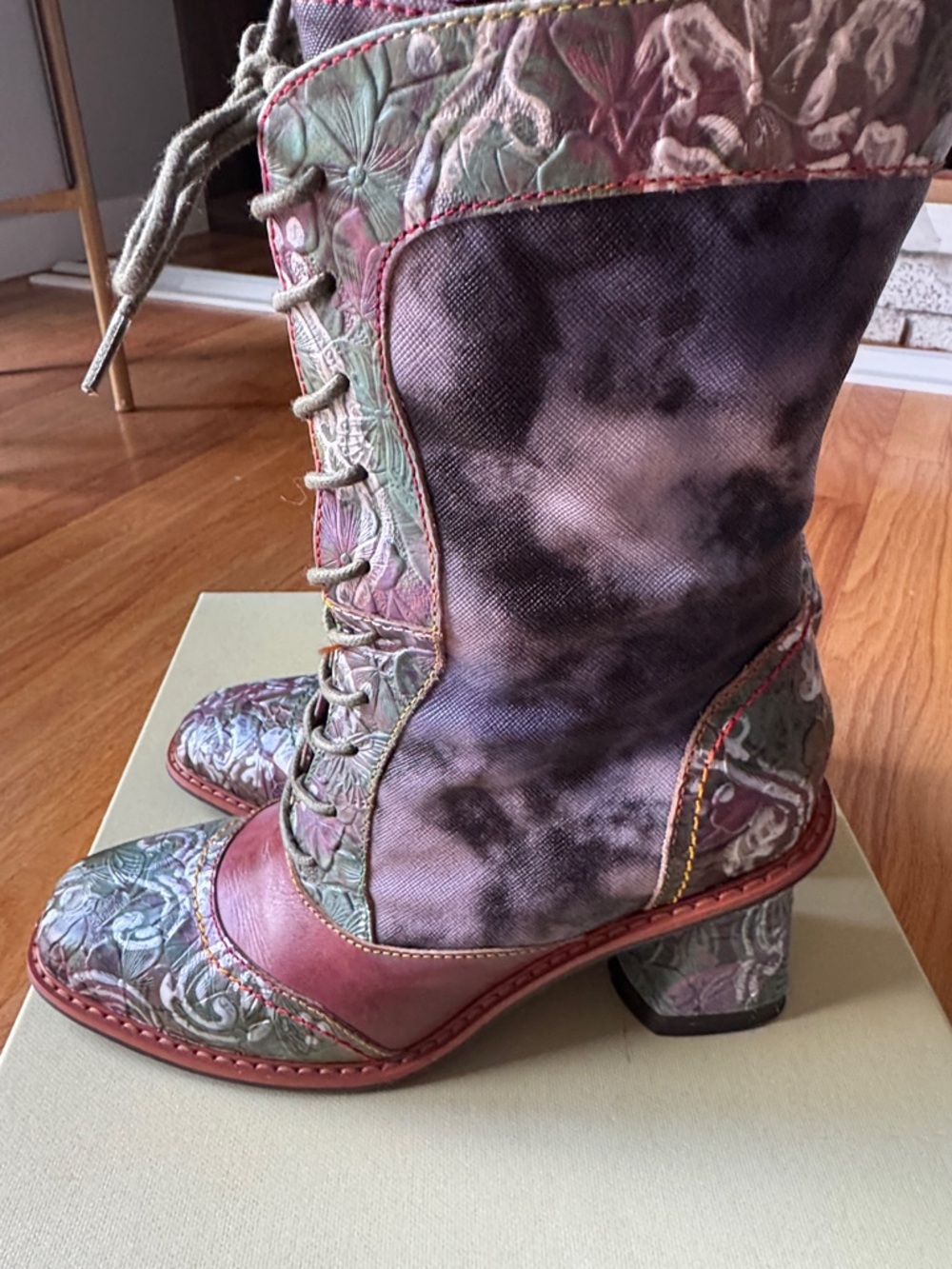 L'Artiste Women's Floral Lace-Up Ankle Boots in Burgundy and Green - Picture 7 of 8